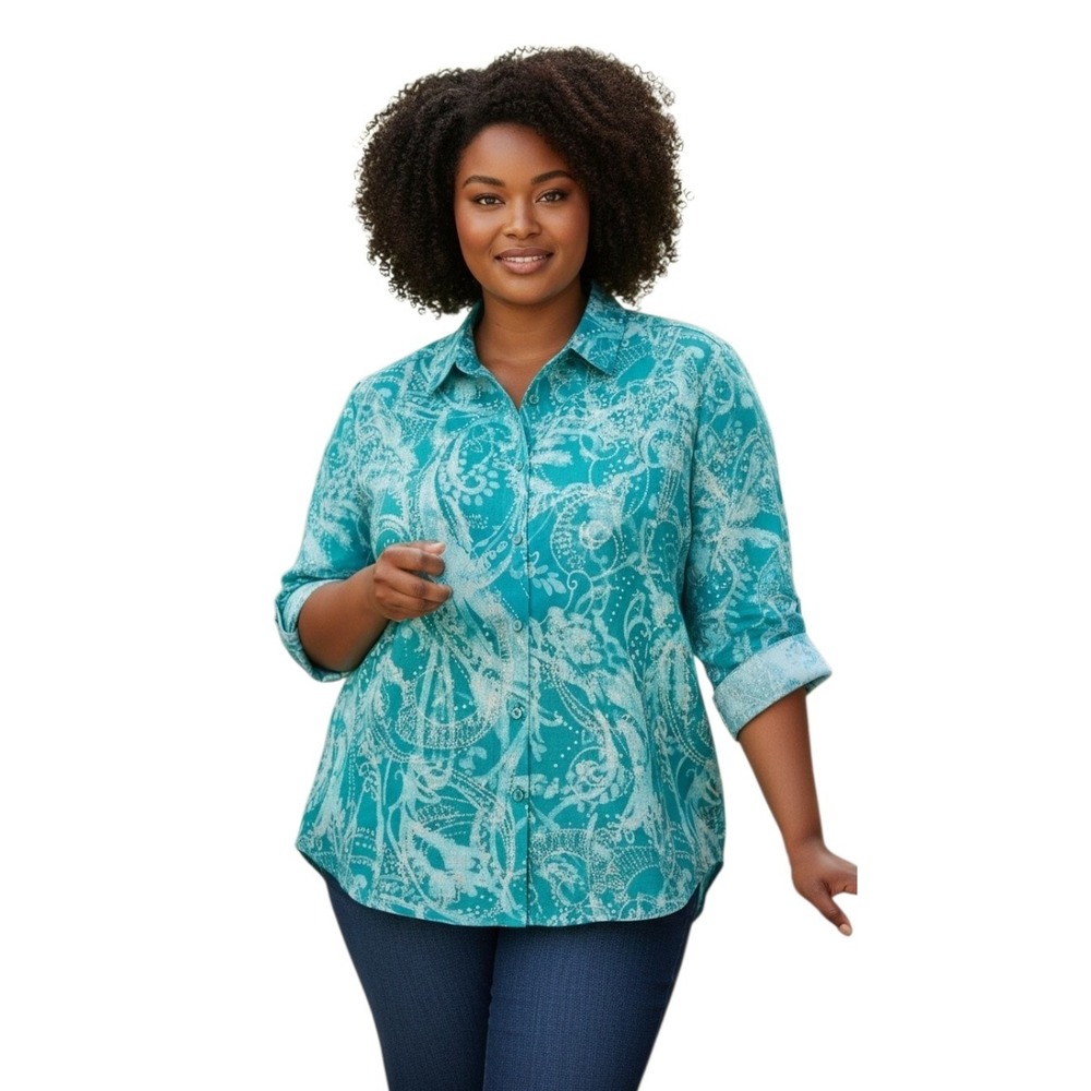 Woman Within Paisley Womens Plus size 22/24 Button Down ¾ Sleeve Tunic No Iron